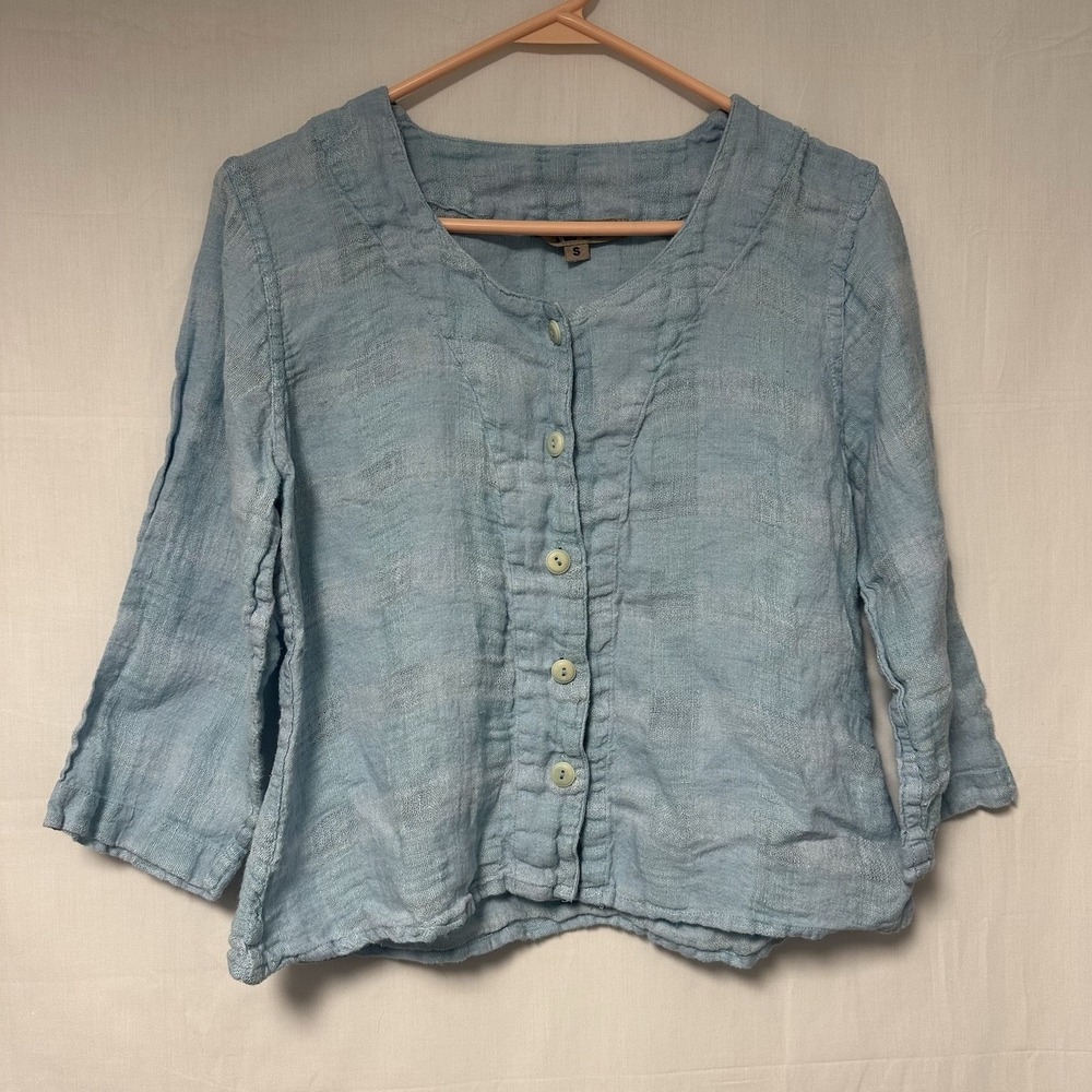 Flax Women's Small 100% Linen Blue Button Front Blouse Beach Light Tropical Boho